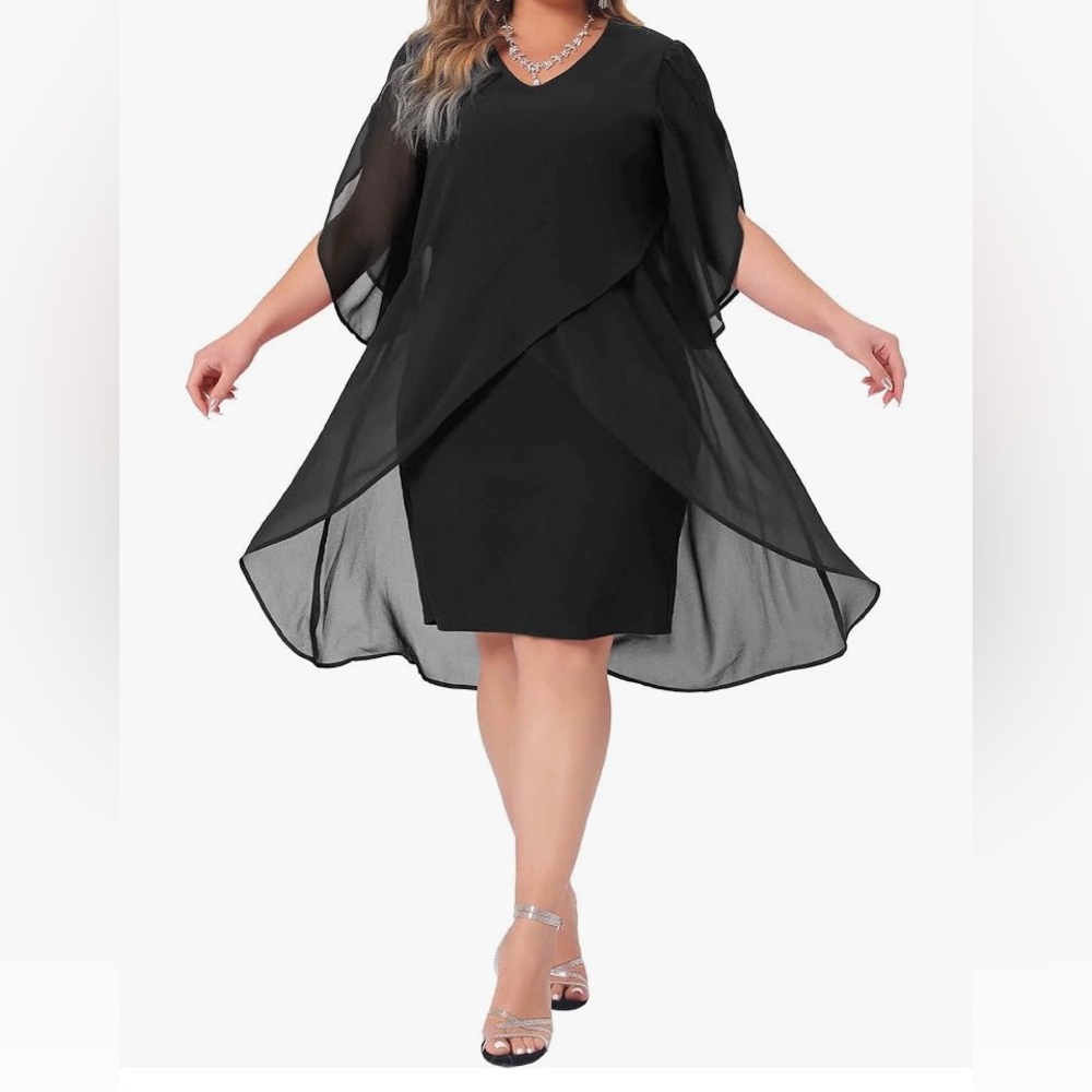Agnes Orinda Plus Size Mesh Overlay Short Chiffon Cocktail Dress